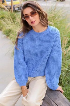 Blue Waffle Knit Round Neck Sweater