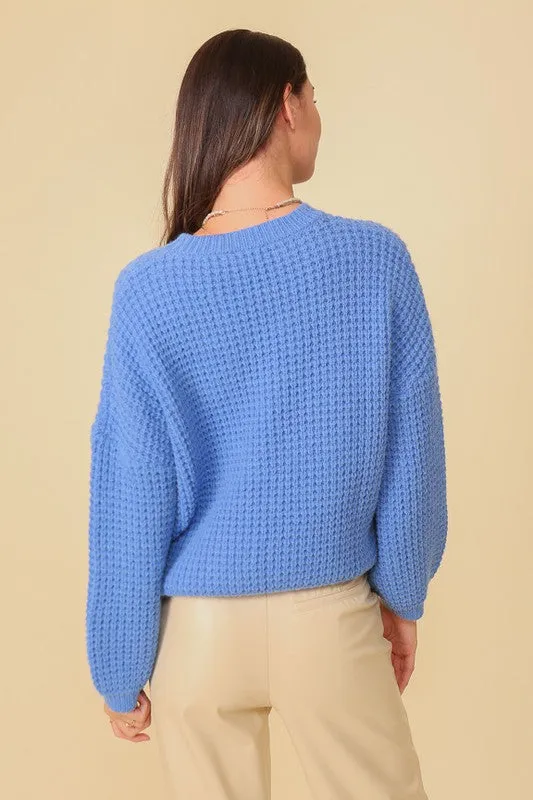 Blue Waffle Knit Round Neck Sweater