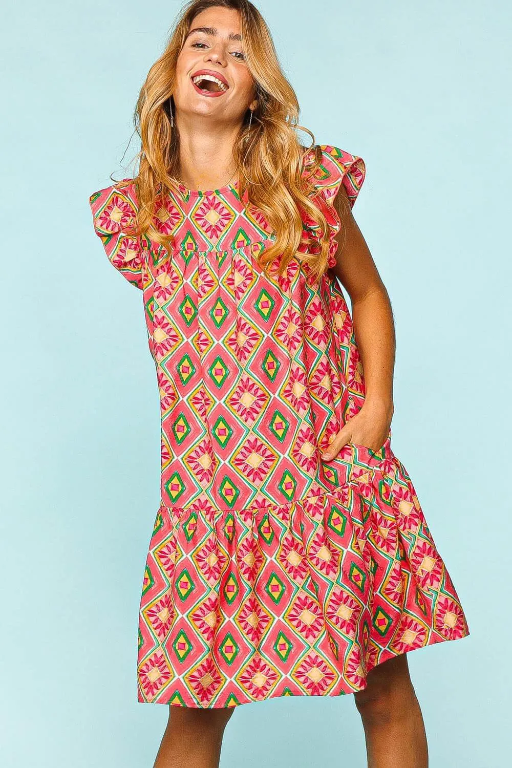 Boho Coral Summer Ruffled Printed Mini Dress with Side Pockets