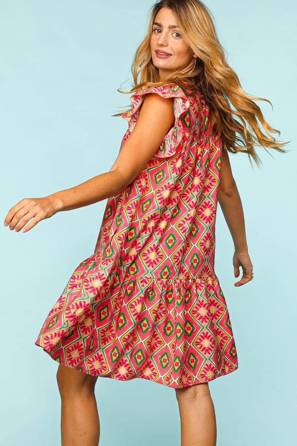 Boho Coral Summer Ruffled Printed Mini Dress with Side Pockets
