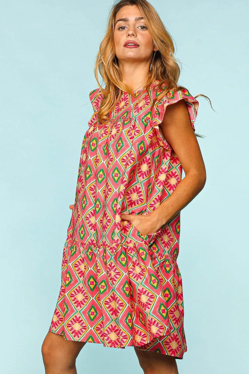 Boho Coral Summer Ruffled Printed Mini Dress with Side Pockets