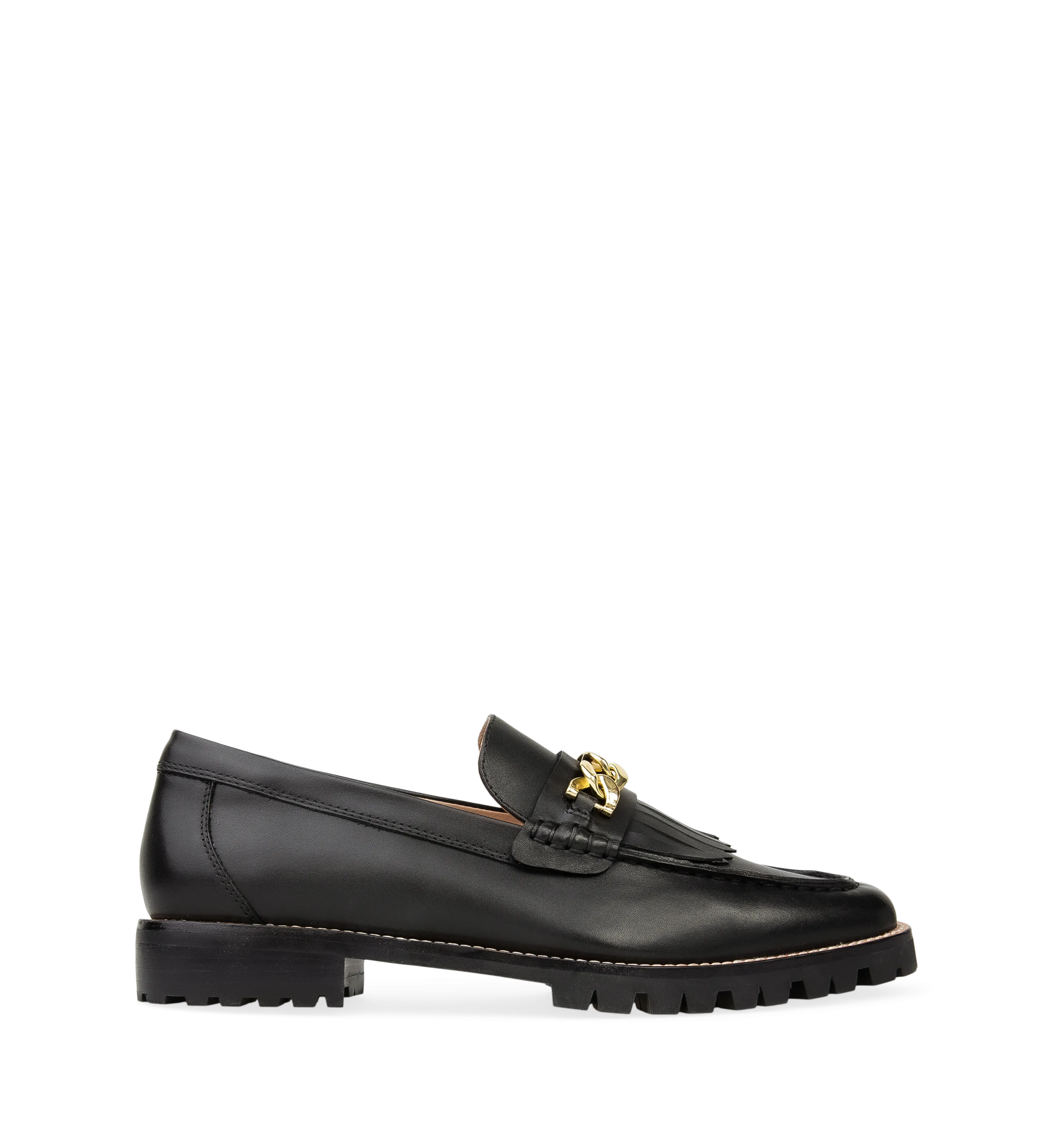 Elaenia Black Leather with Chain Loafers