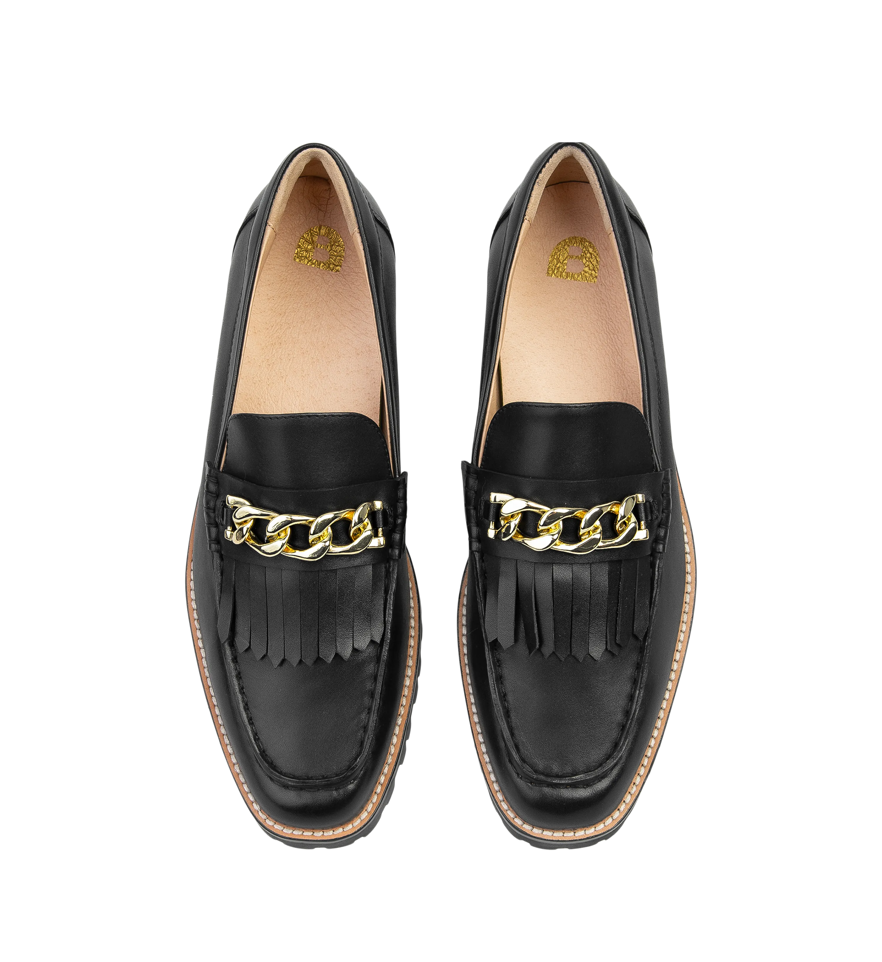 Elaenia Black Leather with Chain Loafers