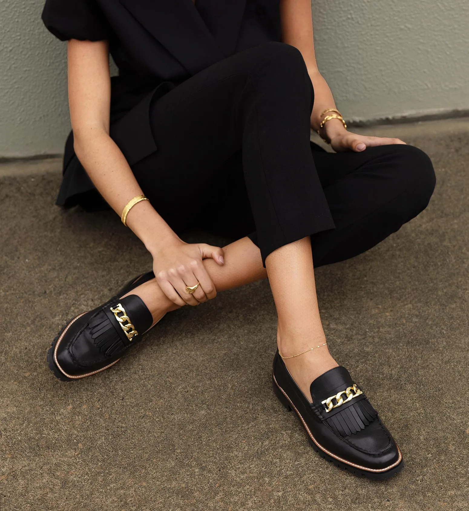Elaenia Black Leather with Chain Loafers