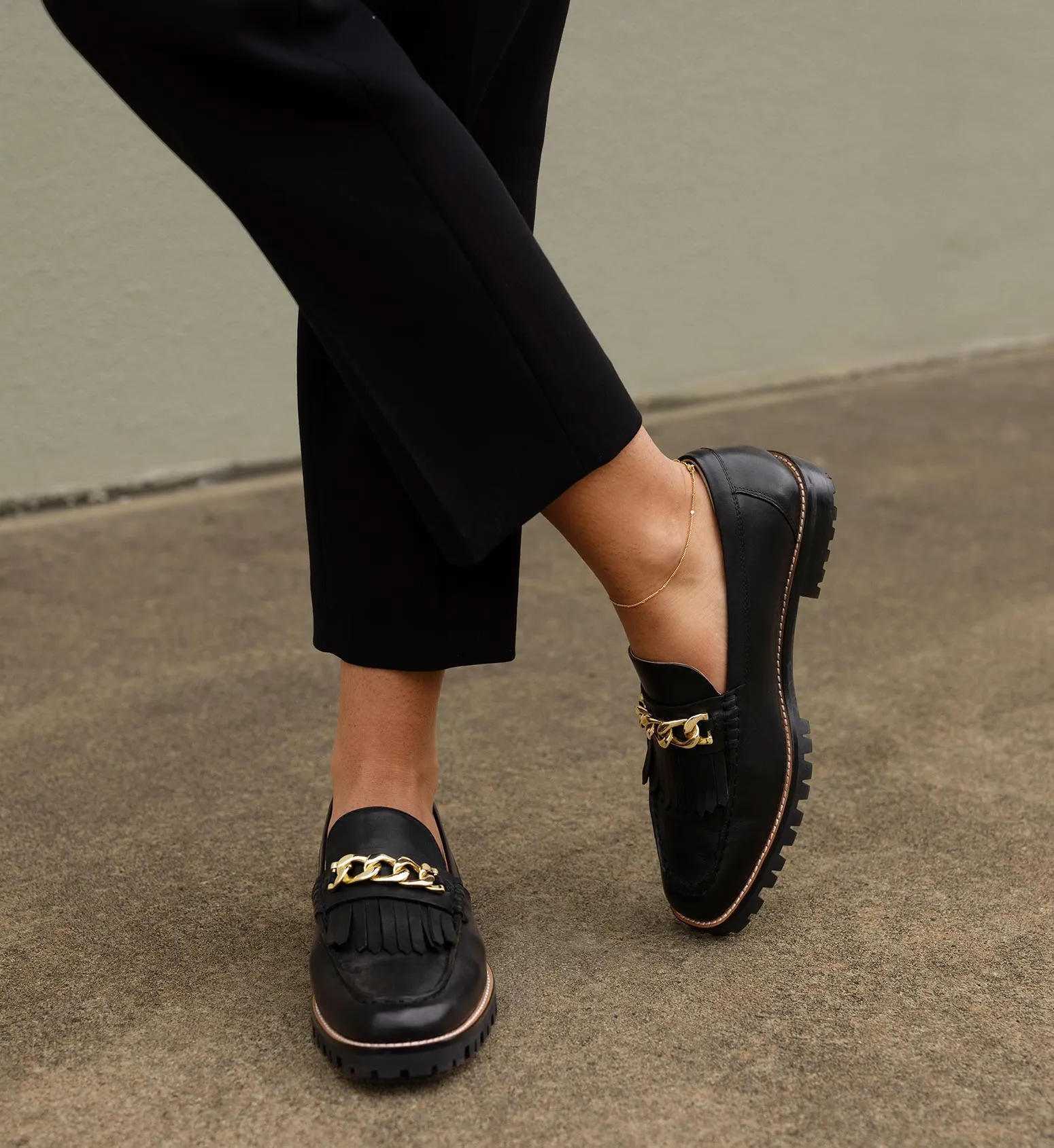 Elaenia Black Leather with Chain Loafers