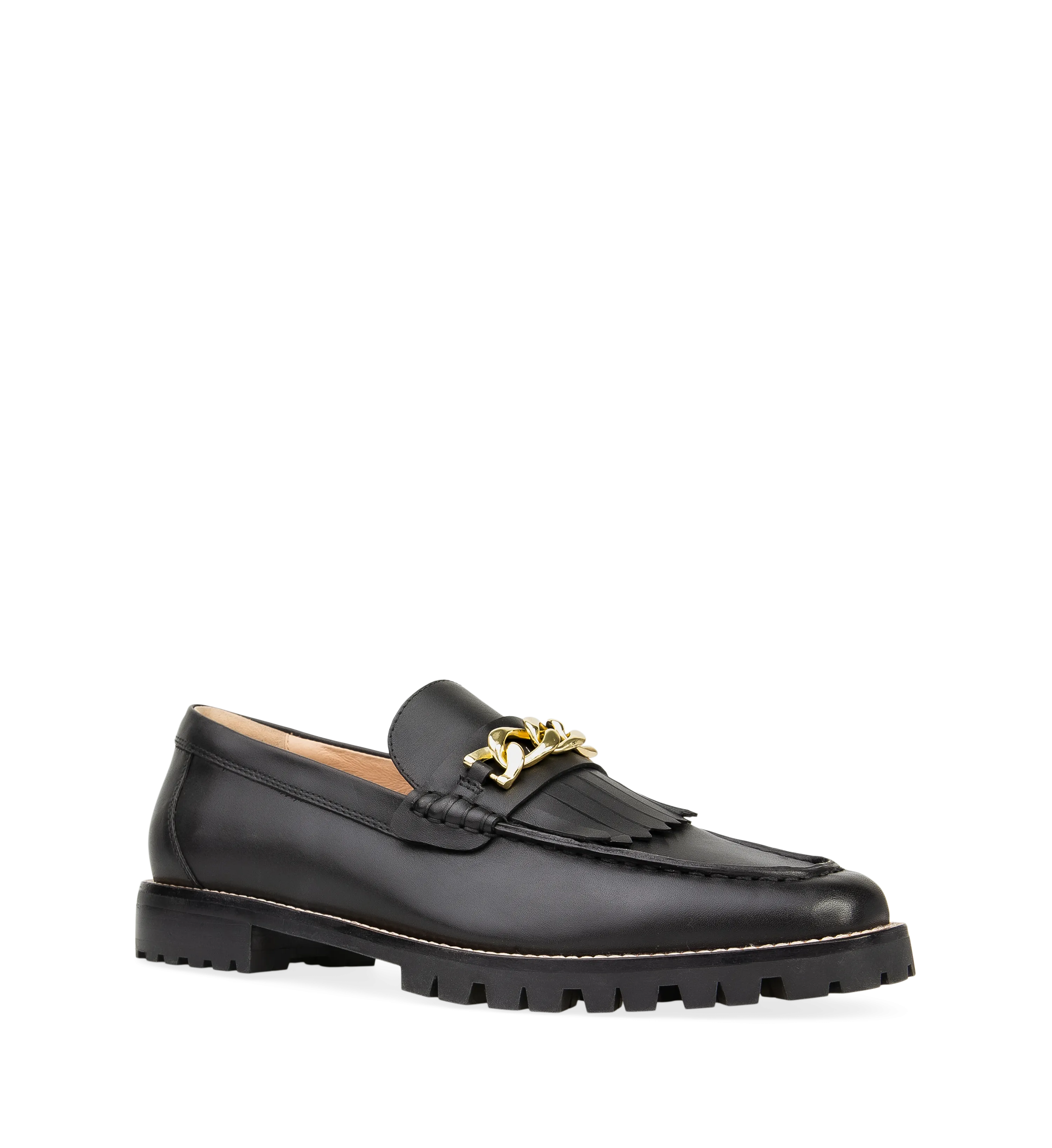 Elaenia Black Leather with Chain Loafers