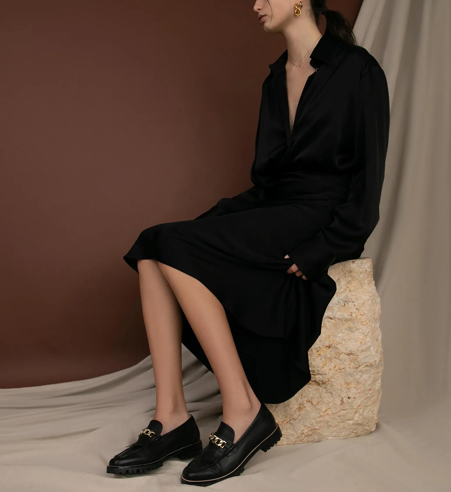 Elaenia Black Leather with Chain Loafers