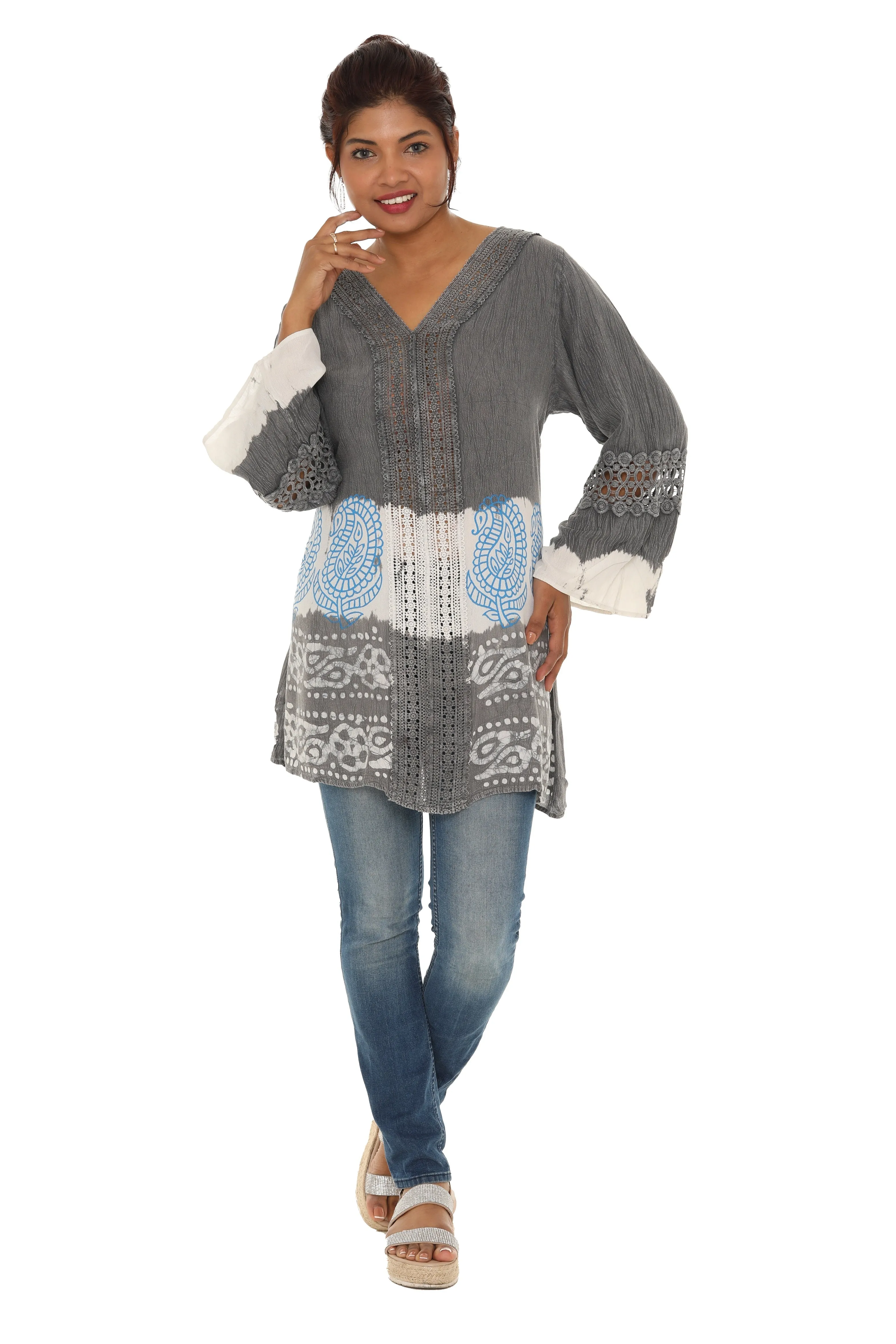 Embroidered V-Neck Long-Sleeve Tunic