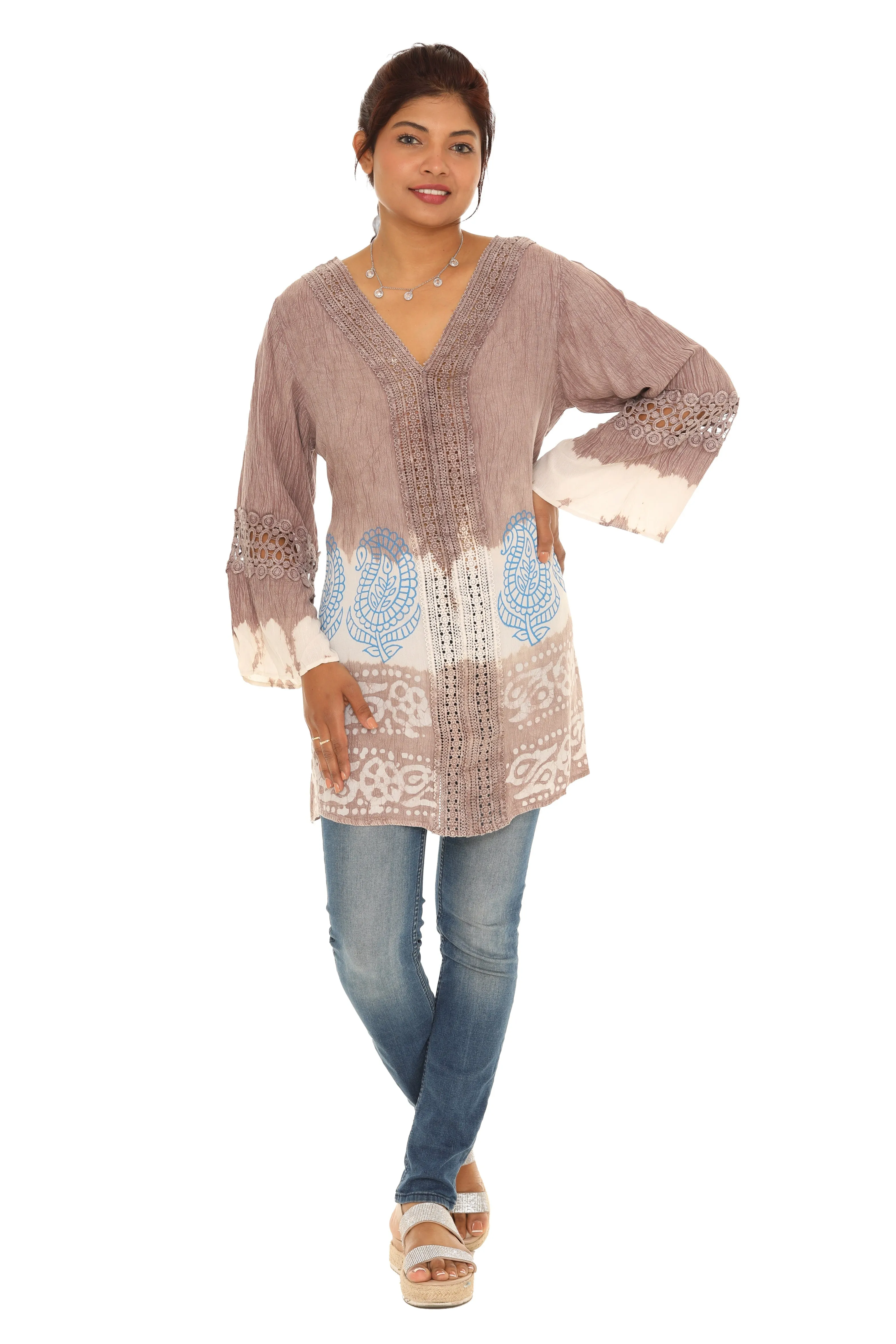 Embroidered V-Neck Long-Sleeve Tunic