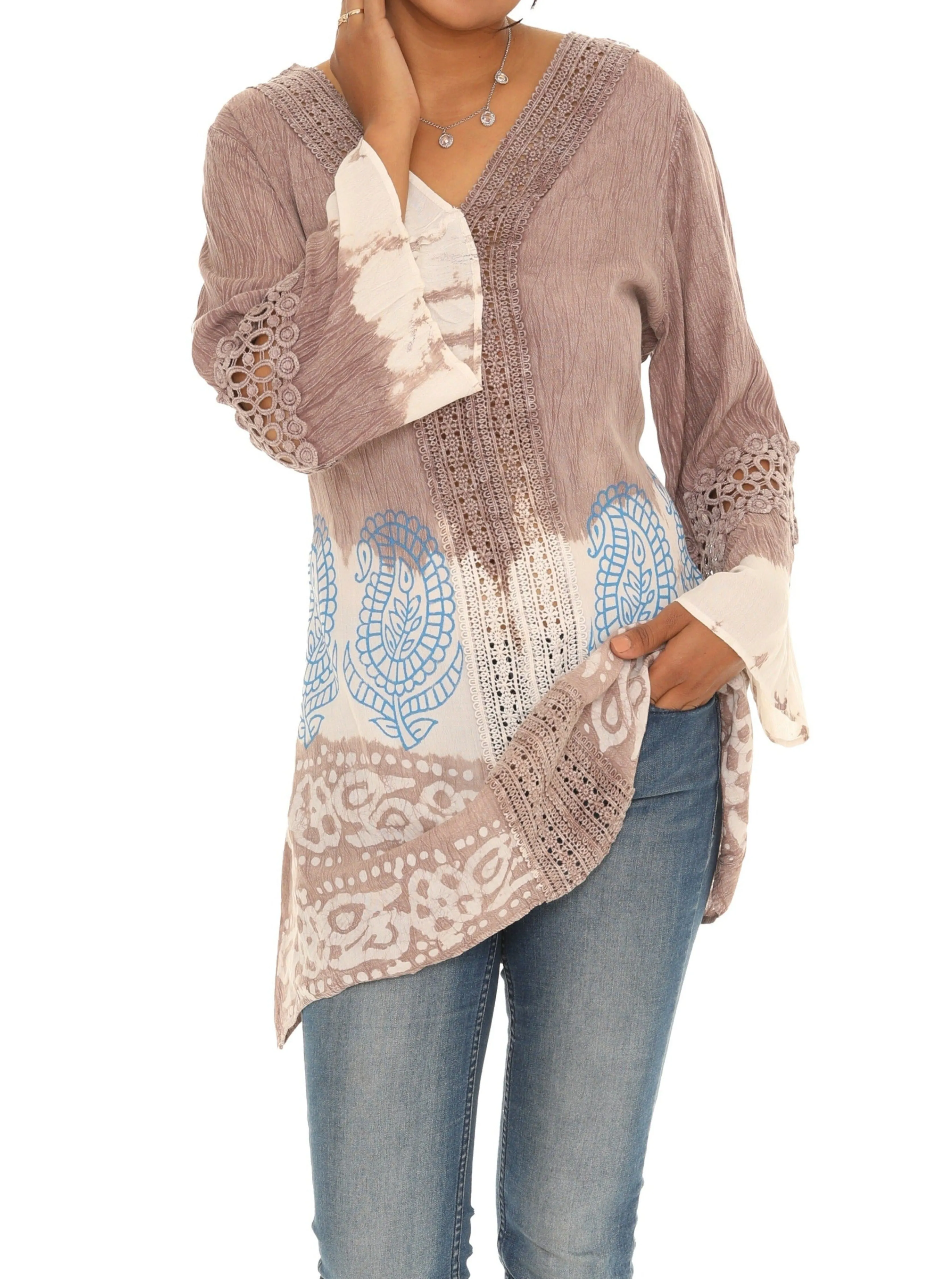 Embroidered V-Neck Long-Sleeve Tunic