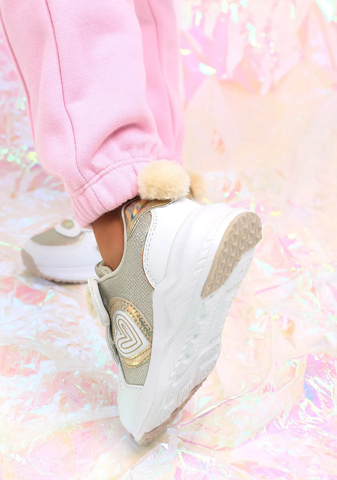 Girl's White Bear With Lights Sneakers Glitter