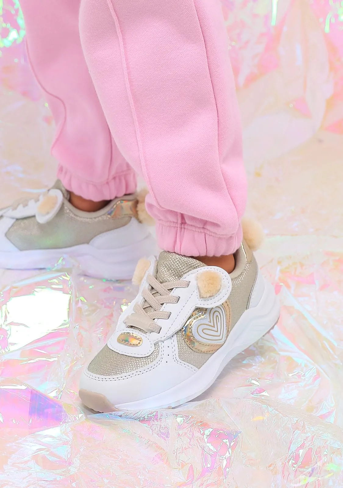 Girl's White Bear With Lights Sneakers Glitter