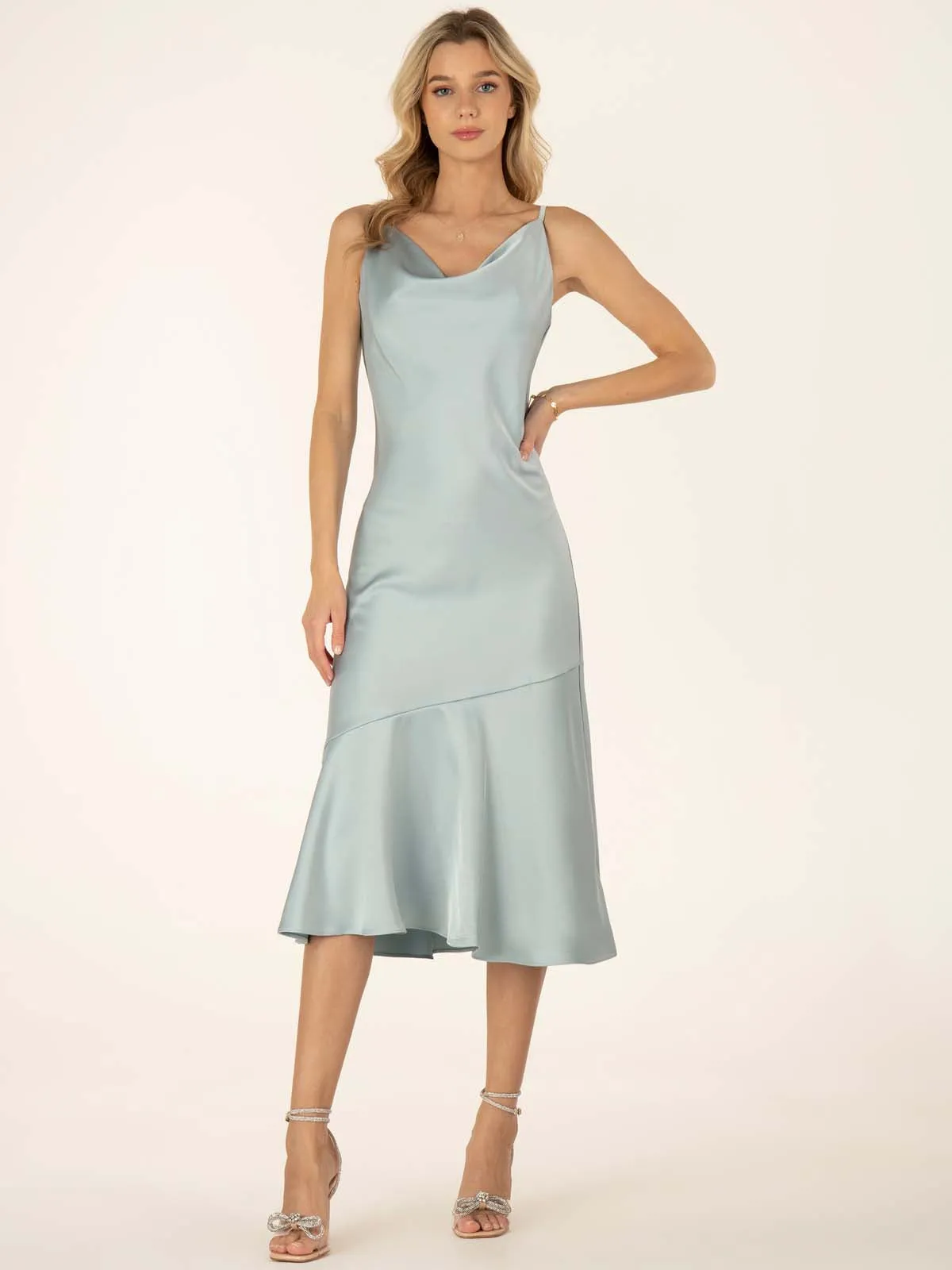 Jolie Moi Alaysha Cowl Neck Satin Dress, Dusky Blue