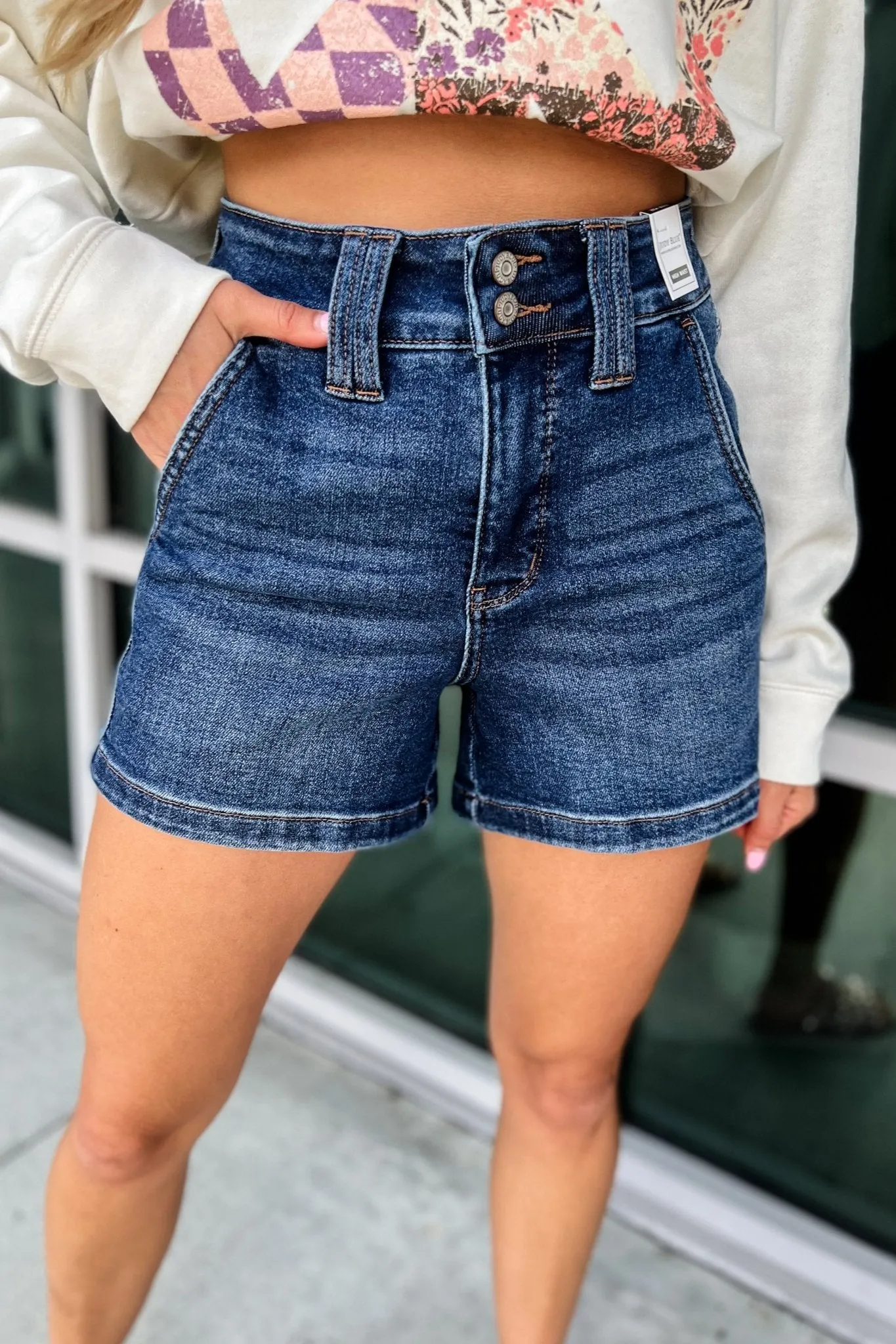 JUDY BLUE Charlotte High Rise Double Button Denim Shorts