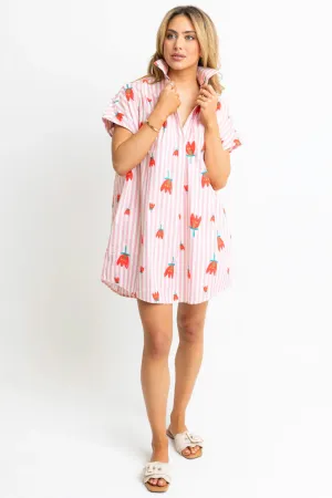 Karlie V-Neck Shirt Striped Dress in Poppy
