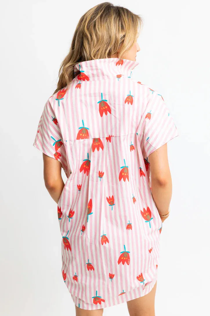Karlie V-Neck Shirt Striped Dress in Poppy
