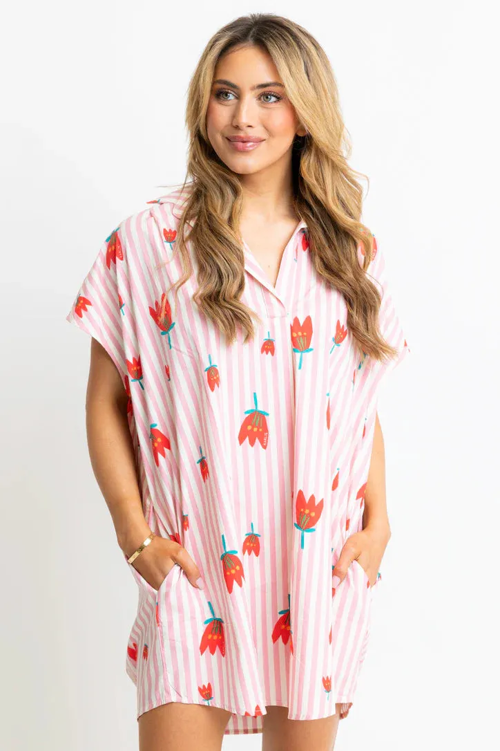 Karlie V-Neck Shirt Striped Dress in Poppy