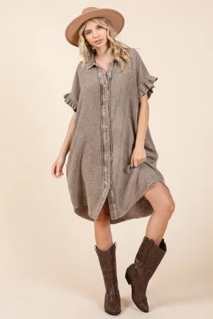 Mittoshop Toffee Mineral Wash Cotton Gauze Mini Shirt Dress