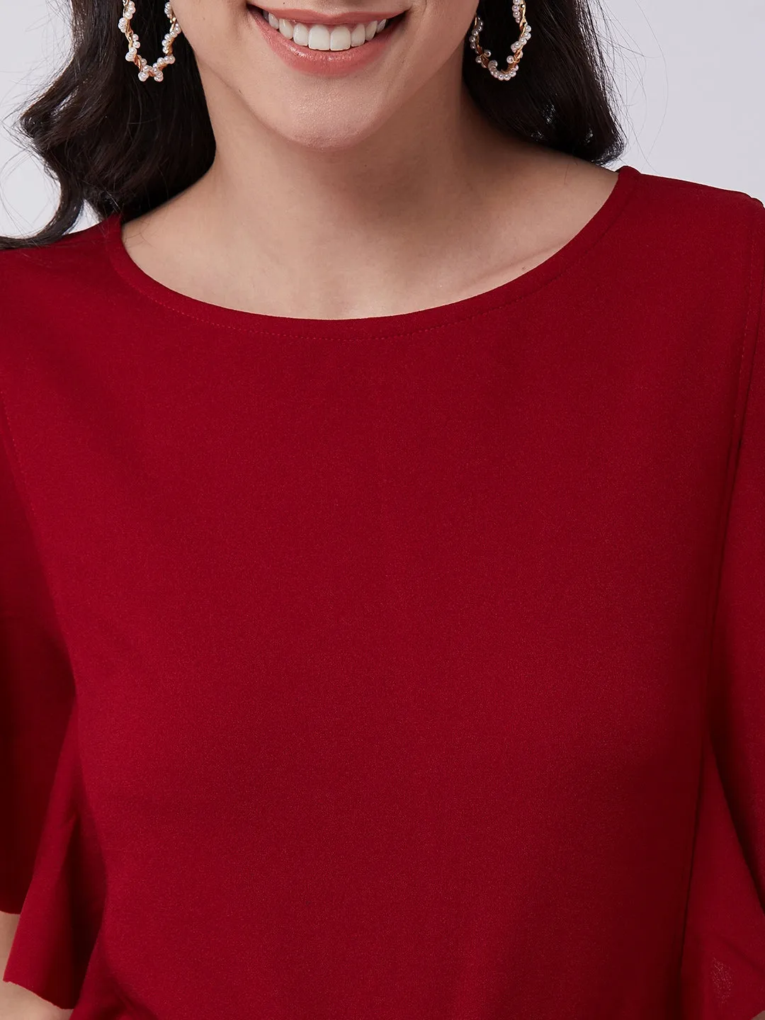 Red Solid Jumpsuit With Flared Sleeves