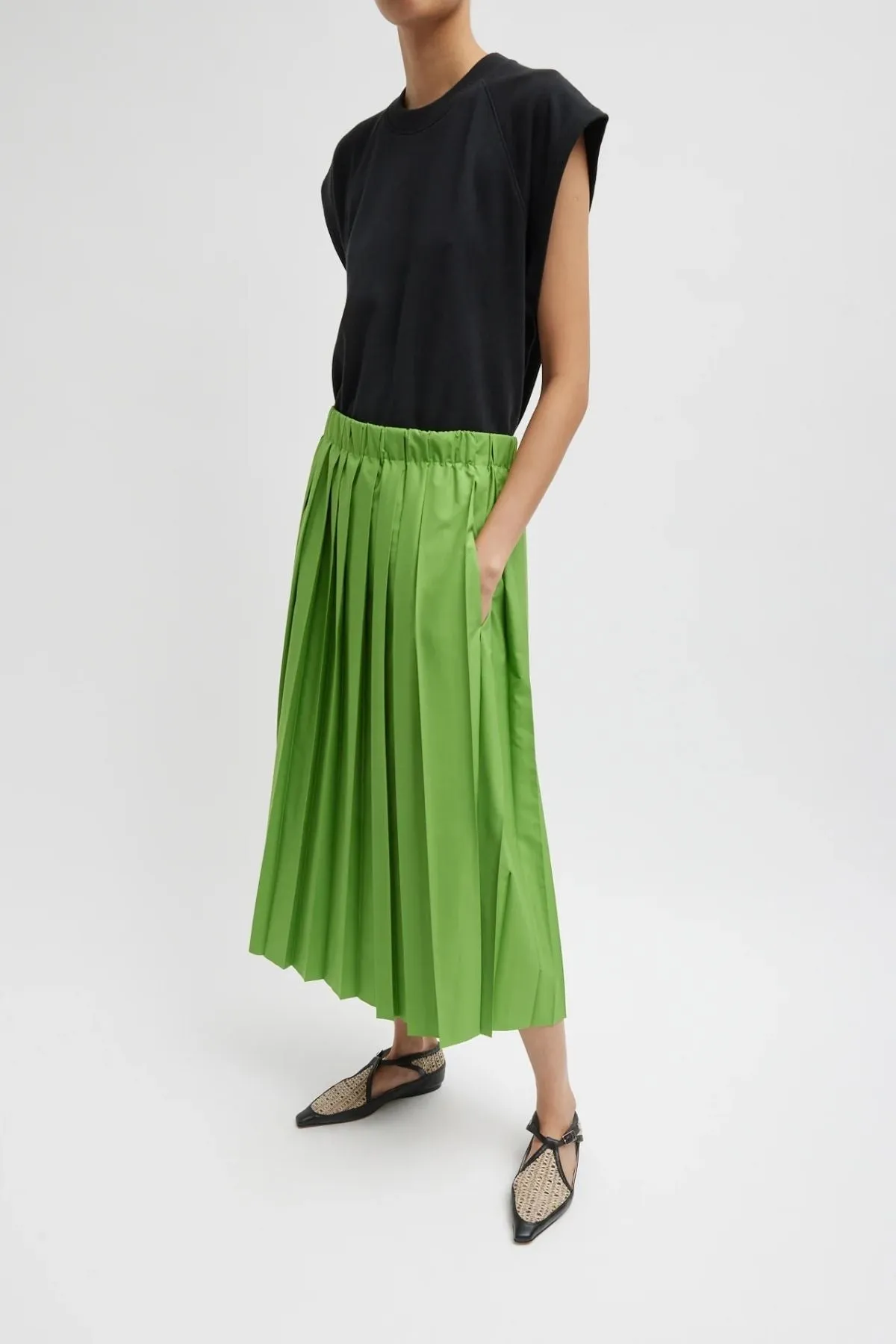 Tibi Nylon Pleated Pull On Skirt - Lime
