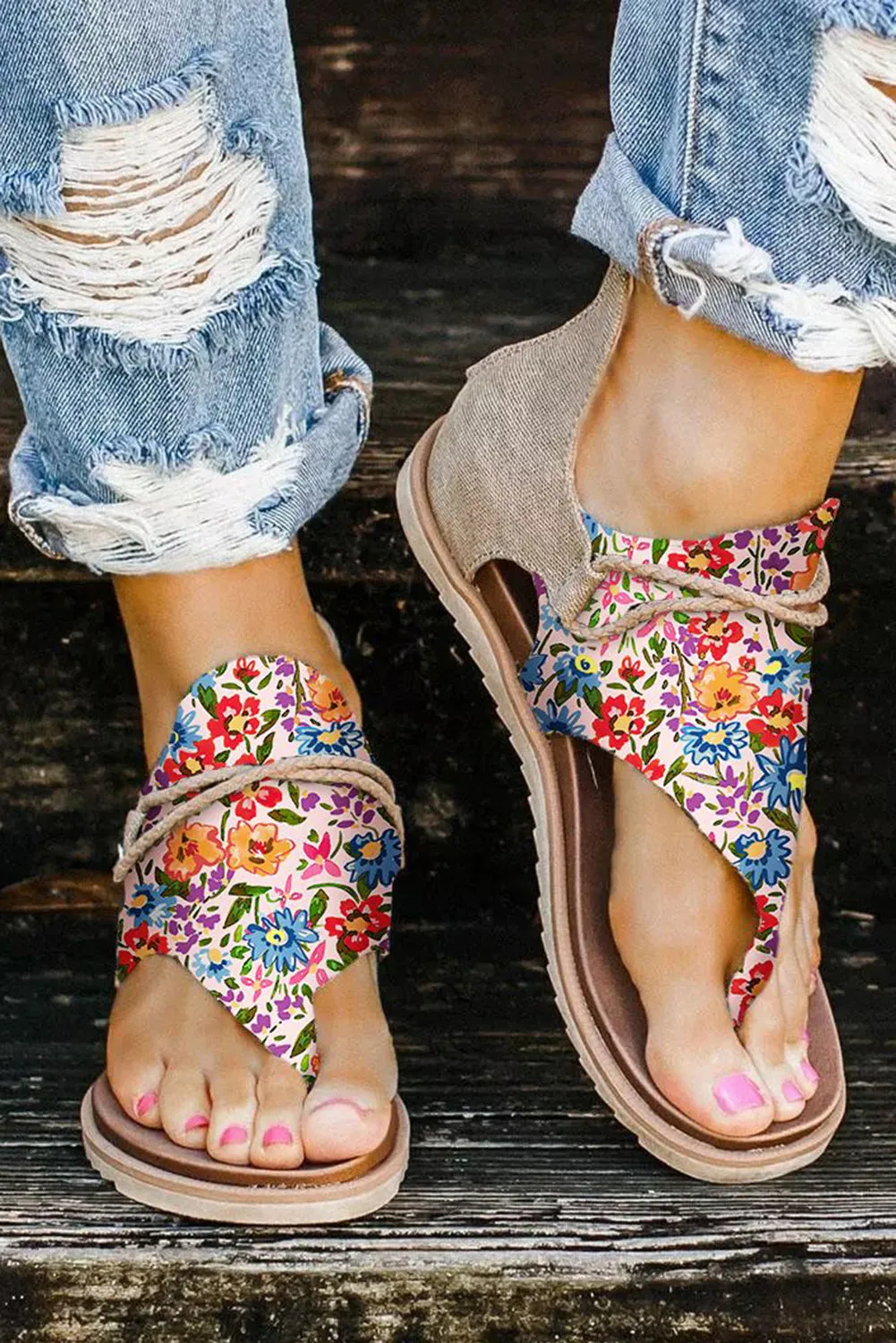 Women's Floral Print Zipped Flip Flop Sandals