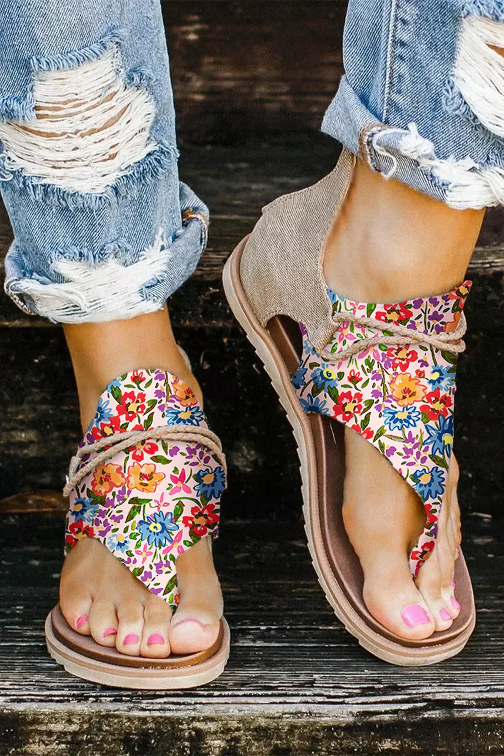 Women's Floral Print Zipped Flip Flop Sandals
