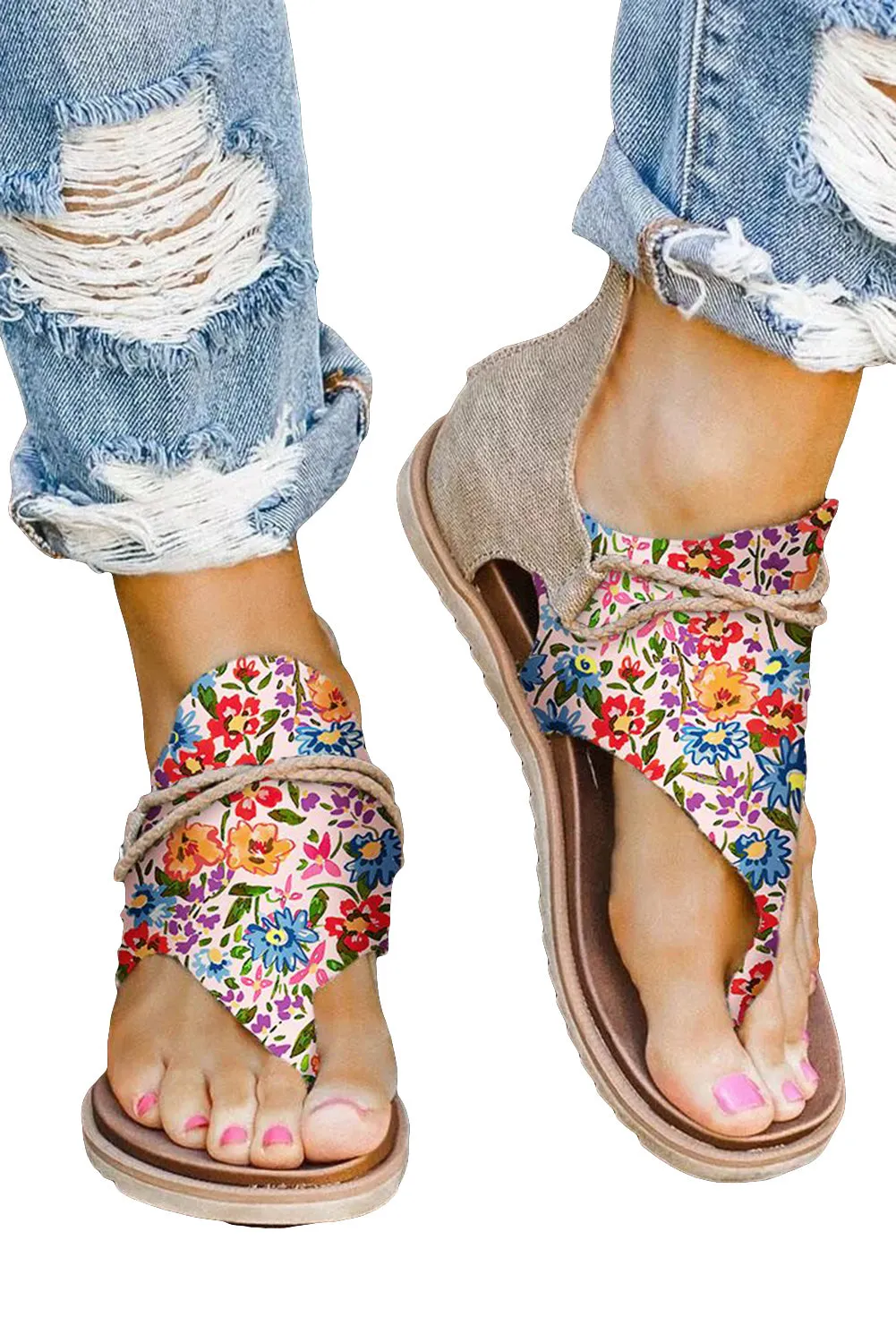 Women's Floral Print Zipped Flip Flop Sandals
